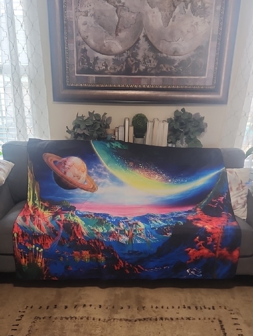 Vibrant Cosmic Planet Throw Blanket - Multicolor Galaxy Artwork 52 Hx 59 W.
